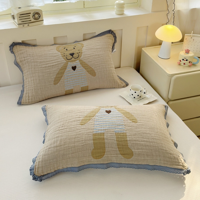 91家纺网 家纺一手货源 找家纺 朴尔家纺-毛巾被 2026新款皱皱纱卡通大版花边全棉四层纱布枕巾 条纹虎