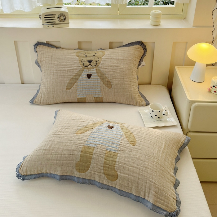 91家纺网 家纺一手货源 找家纺 朴尔家纺-毛巾被 2026新款皱皱纱卡通大版花边全棉四层纱布枕巾 条纹虎