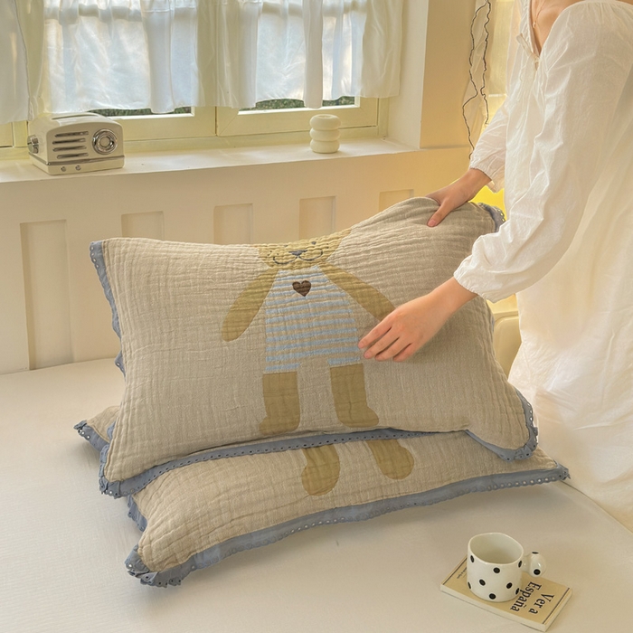 91家纺网 家纺一手货源 找家纺 朴尔家纺-毛巾被 2026新款皱皱纱卡通大版花边全棉四层纱布枕巾 条纹虎