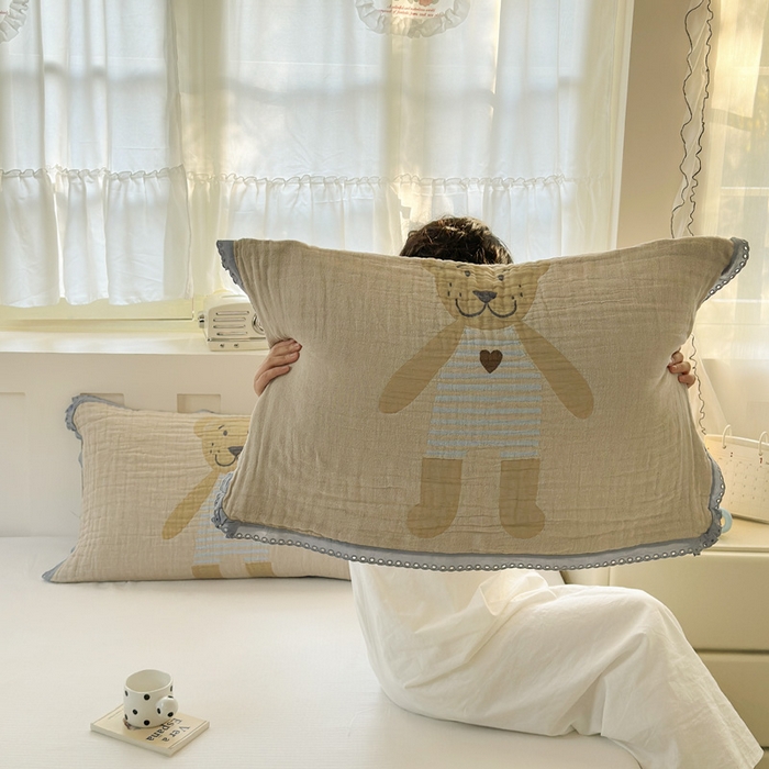 91家纺网 家纺一手货源 找家纺 朴尔家纺-毛巾被 2026新款皱皱纱卡通大版花边全棉四层纱布枕巾 条纹虎