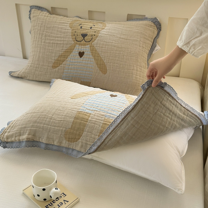 91家纺网 家纺一手货源 找家纺 朴尔家纺-毛巾被 2026新款皱皱纱卡通大版花边全棉四层纱布枕巾 条纹虎