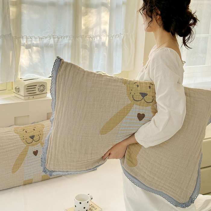 91家纺网 家纺一手货源 找家纺 朴尔家纺-毛巾被 2026新款皱皱纱卡通大版花边全棉四层纱布枕巾 条纹虎