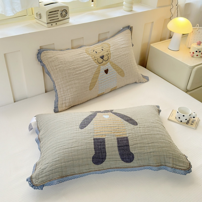 91家纺网 家纺一手货源 找家纺 朴尔家纺-毛巾被 2026新款皱皱纱卡通大版花边全棉四层纱布枕巾 条纹虎