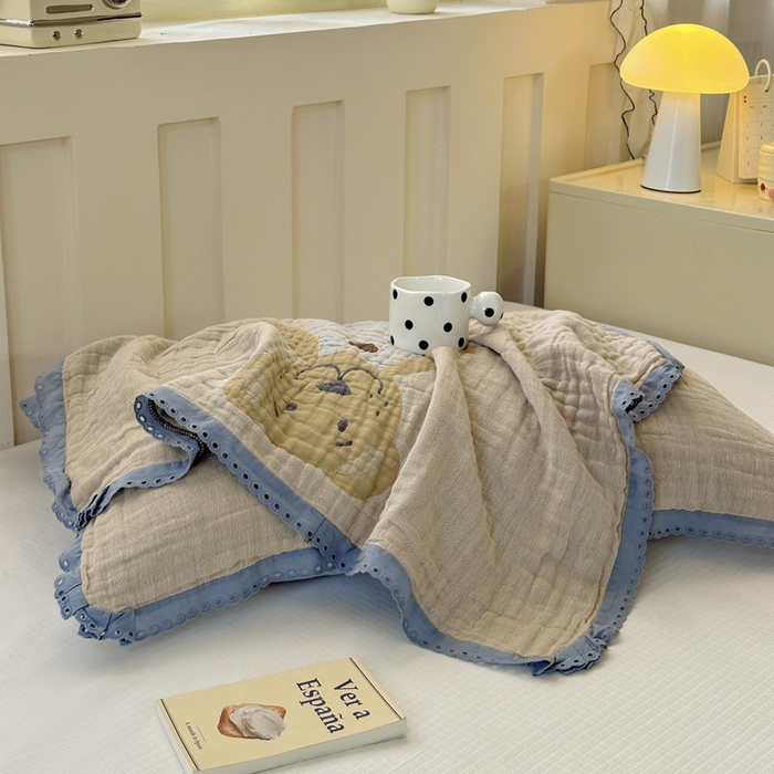 91家纺网 家纺一手货源 找家纺 朴尔家纺-毛巾被 2026新款皱皱纱卡通大版花边全棉四层纱布枕巾 条纹虎