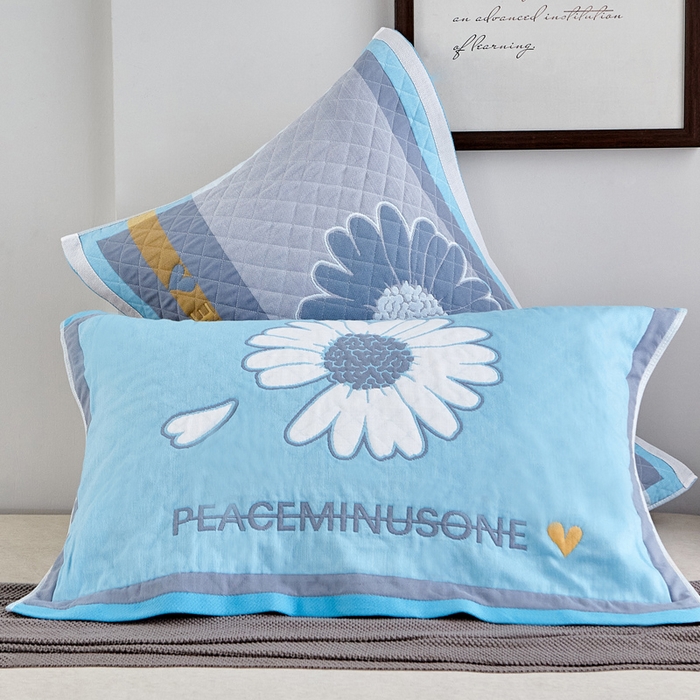 91家纺网 家纺一手货源 找家纺 朴尔家纺-毛巾被 2026新款彩色糖果系列纯棉三层纱布枕巾 清新甘菊-蓝