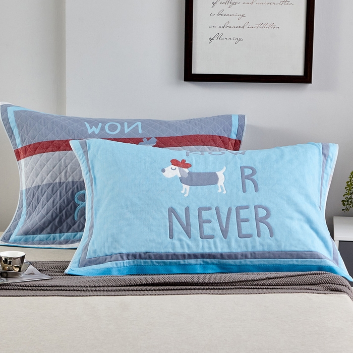 91家纺网 家纺一手货源 找家纺 朴尔家纺-毛巾被 2026新款彩色糖果系列纯棉三层纱布枕巾 调皮狗蓝