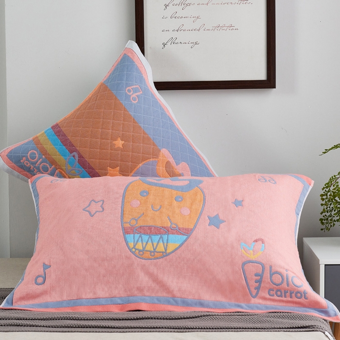 朴尔家纺-毛巾被 2026新款彩色糖果系列纯棉三层纱布枕巾 调皮胡萝卜粉