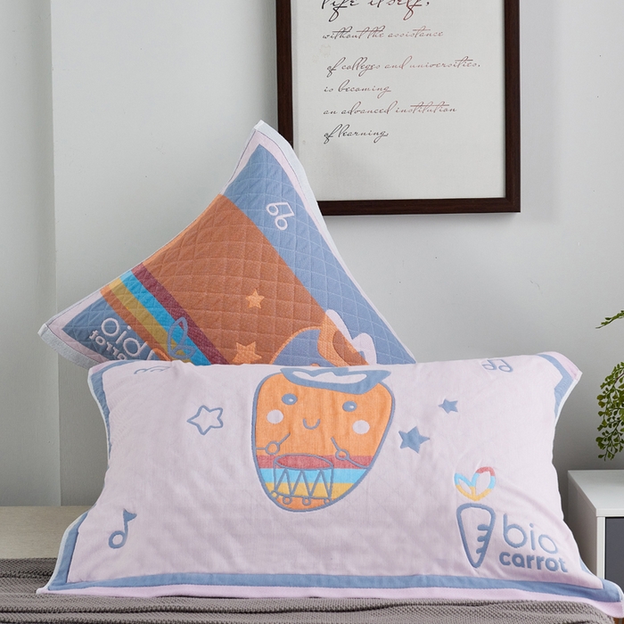 朴尔家纺-毛巾被 2026新款彩色糖果系列纯棉三层纱布枕巾 调皮胡萝卜浅粉