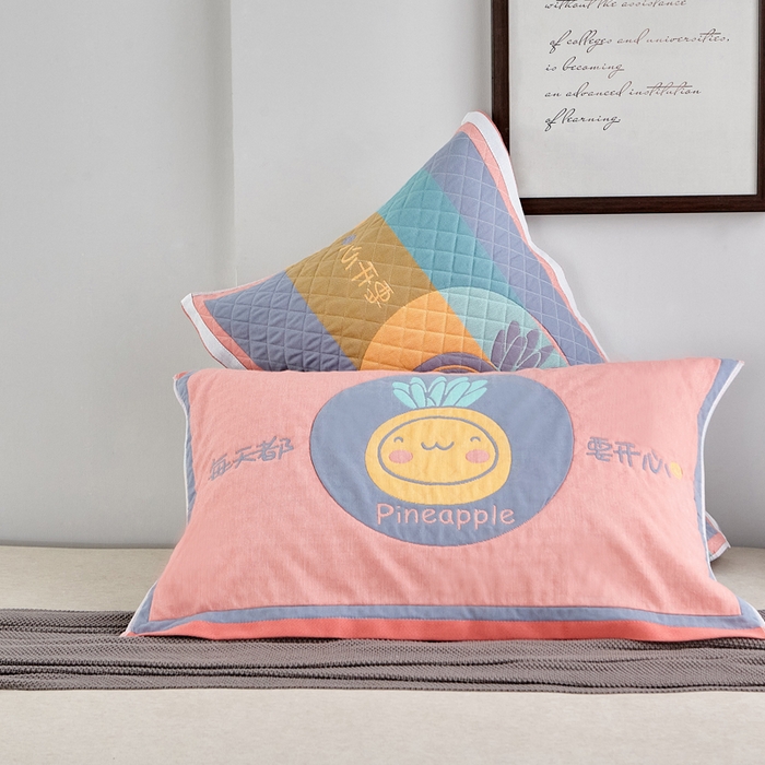 朴尔家纺-毛巾被 2026新款彩色糖果系列纯棉三层纱布枕巾 开心菠萝粉