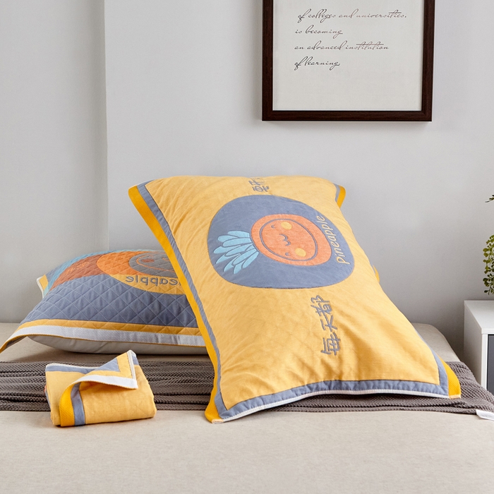 91家纺网 家纺一手货源 找家纺 朴尔家纺-毛巾被 2026新款彩色糖果系列纯棉三层纱布枕巾 开心菠萝黄