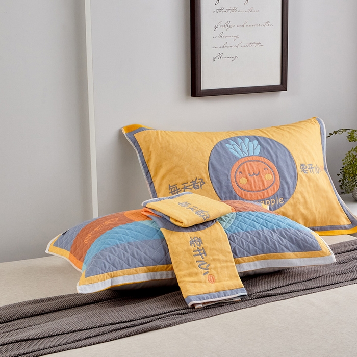 91家纺网 家纺一手货源 找家纺 朴尔家纺-毛巾被 2026新款彩色糖果系列纯棉三层纱布枕巾 开心菠萝黄