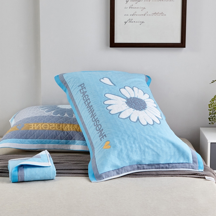 91家纺网 家纺一手货源 找家纺 朴尔家纺-毛巾被 2026新款彩色糖果系列纯棉三层纱布枕巾 清新甘菊-蓝