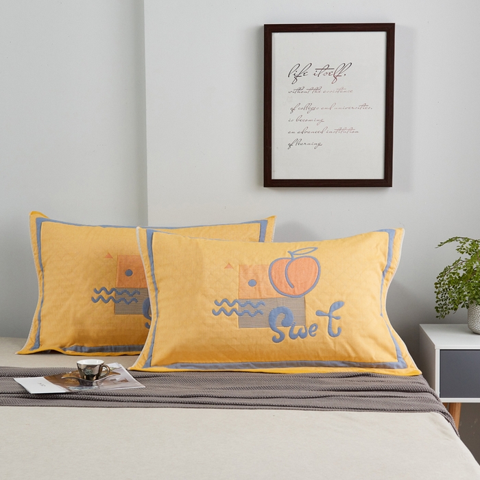 91家纺网 家纺一手货源 找家纺 朴尔家纺-毛巾被 2026新款彩色糖果系列纯棉三层纱布枕巾 水蜜桃黄