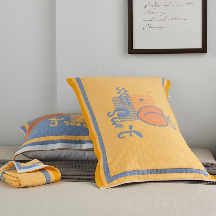 91家纺网 家纺一手货源 找家纺 朴尔家纺-毛巾被 2026新款彩色糖果系列纯棉三层纱布枕巾 水蜜桃黄