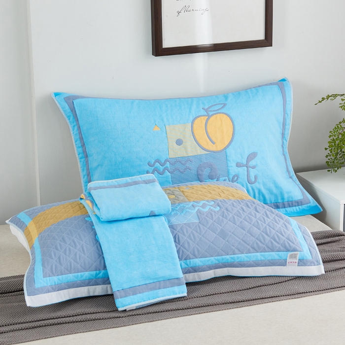 91家纺网 家纺一手货源 找家纺 朴尔家纺-毛巾被 2026新款彩色糖果系列纯棉三层纱布枕巾 水蜜桃蓝