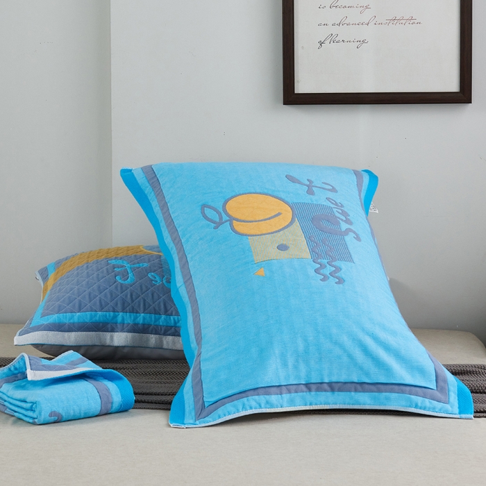 91家纺网 家纺一手货源 找家纺 朴尔家纺-毛巾被 2026新款彩色糖果系列纯棉三层纱布枕巾 水蜜桃蓝