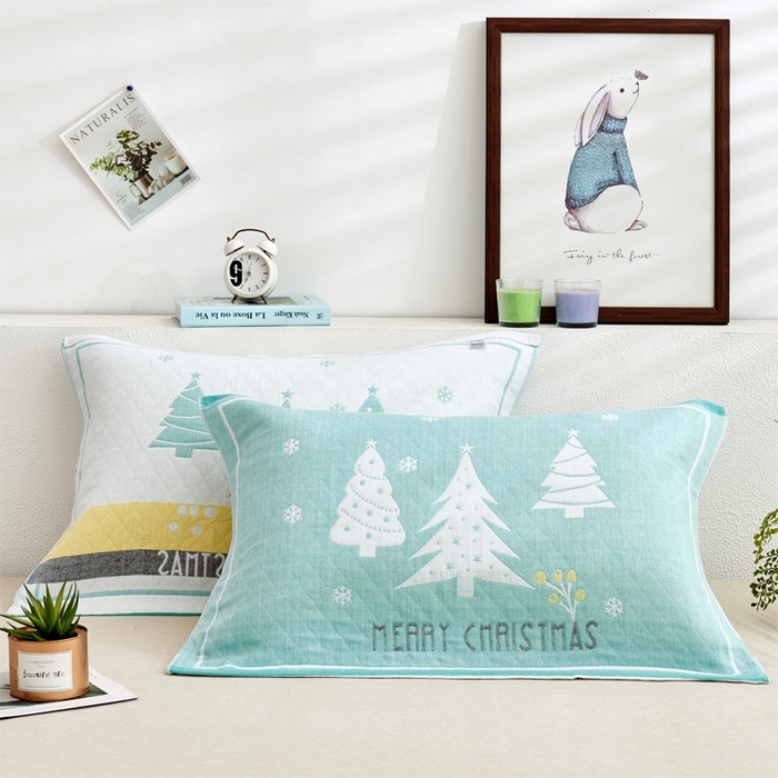 朴尔家纺-毛巾被 2026新款混纺三层纱布枕巾 圣诞树-绿