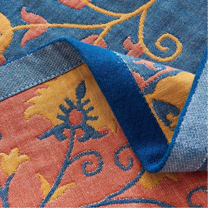 91家纺网 家纺一手货源 找家纺 朴尔家纺-毛巾被 2026新款民族风彩棉系列四层纱布枕巾 花花世界蓝