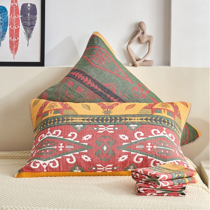 91家纺网 家纺一手货源 找家纺 朴尔家纺-毛巾被 2026新款民族风彩棉系列四层纱布枕巾 旧金山红