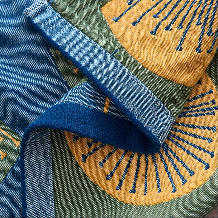 91家纺网 家纺一手货源 找家纺 朴尔家纺-毛巾被 2026新款民族风彩棉系列四层纱布枕巾 梦幻蒲公英蓝