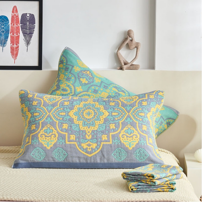 91家纺网 家纺一手货源 找家纺 朴尔家纺-毛巾被 2026新款民族风彩棉系列四层纱布枕巾 普罗旺斯-绿