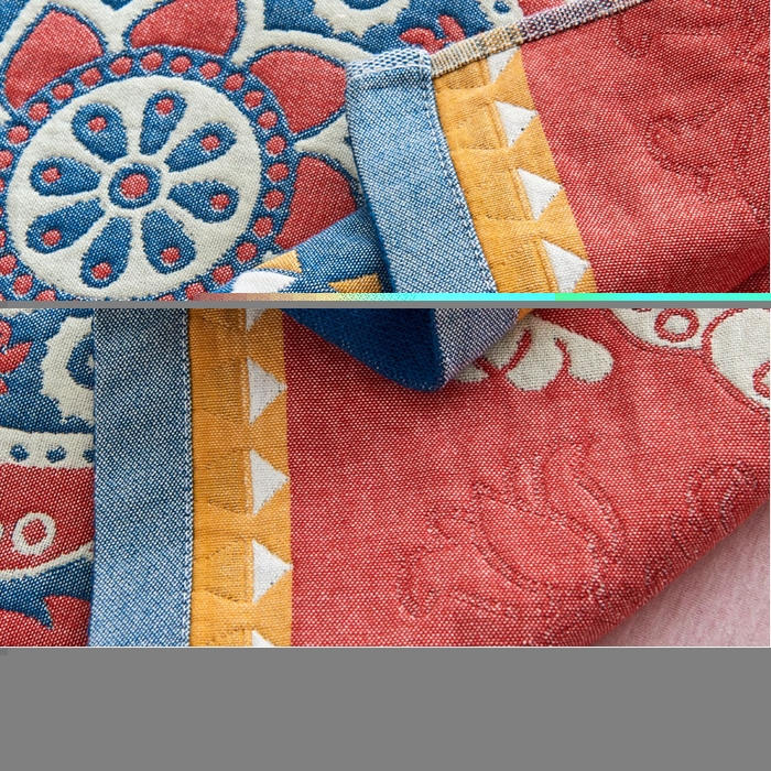 91家纺网 家纺一手货源 找家纺 朴尔家纺-毛巾被 2026新款民族风彩棉系列四层纱布枕巾 太阳花兰