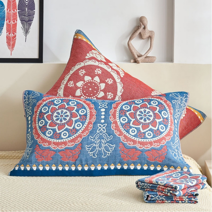 91家纺网 家纺一手货源 找家纺 朴尔家纺-毛巾被 2026新款民族风彩棉系列四层纱布枕巾 太阳花兰