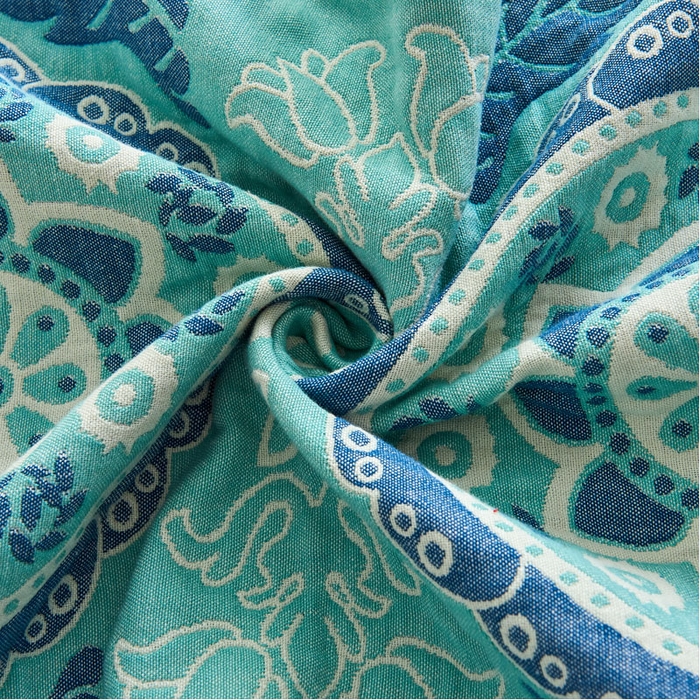 91家纺网 家纺一手货源 找家纺 朴尔家纺-毛巾被 2026新款民族风彩棉系列四层纱布枕巾 太阳花绿