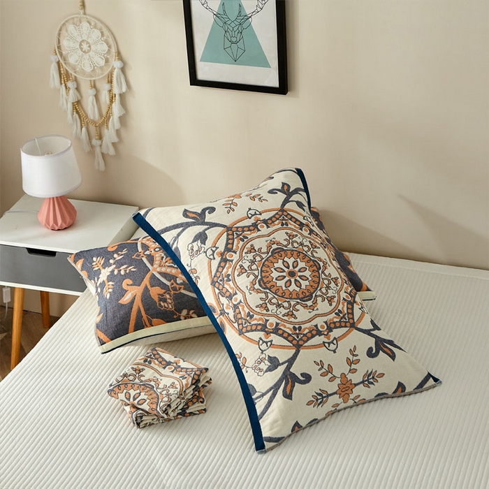 91家纺网 家纺一手货源 找家纺 朴尔家纺-毛巾被 2026新款素雅系列全棉系列四层纱布枕巾 恋恋花枝-驼