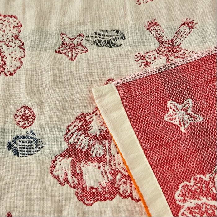 91家纺网 家纺一手货源 找家纺 朴尔家纺-毛巾被 2026新款素雅系列全棉系列四层纱布枕巾 海洋贝贝-红