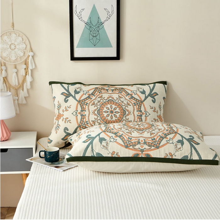 91家纺网 家纺一手货源 找家纺 朴尔家纺-毛巾被 2026新款素雅系列全棉系列四层纱布枕巾 恋恋花枝-绿