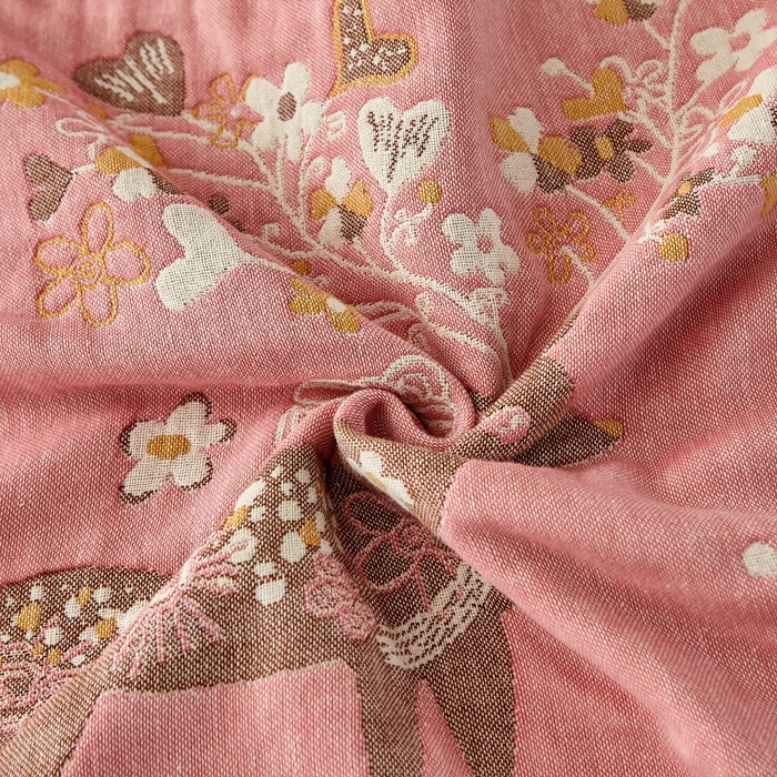 91家纺网 家纺一手货源 找家纺 朴尔家纺-毛巾被 2026新款素雅系列全棉系列四层纱布枕巾 鹿鹿花开-红