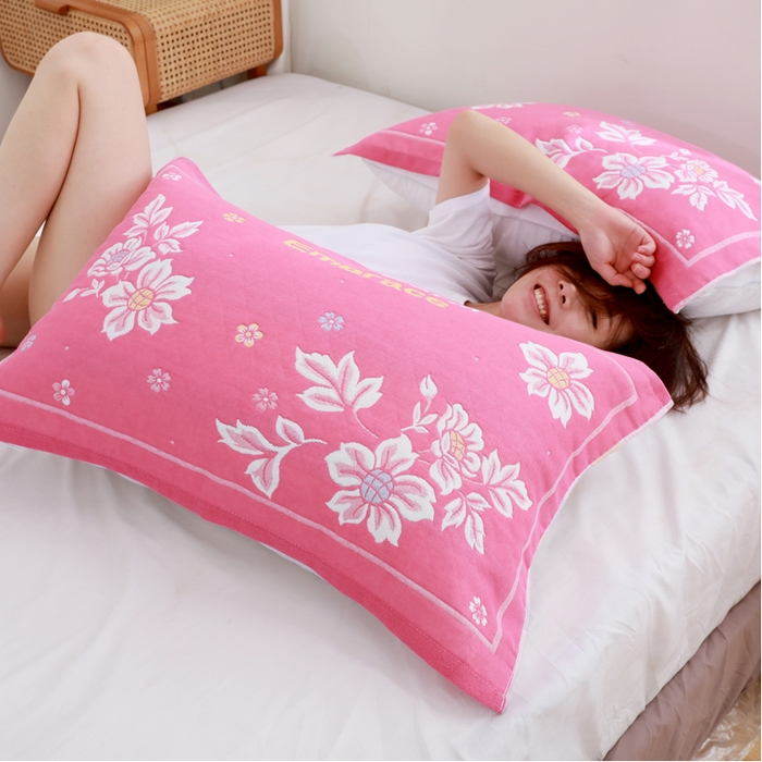 91家纺网 家纺一手货源 找家纺 朴尔家纺-毛巾被 2026新款柔棉花间风系列三层纱布枕巾 花间粉