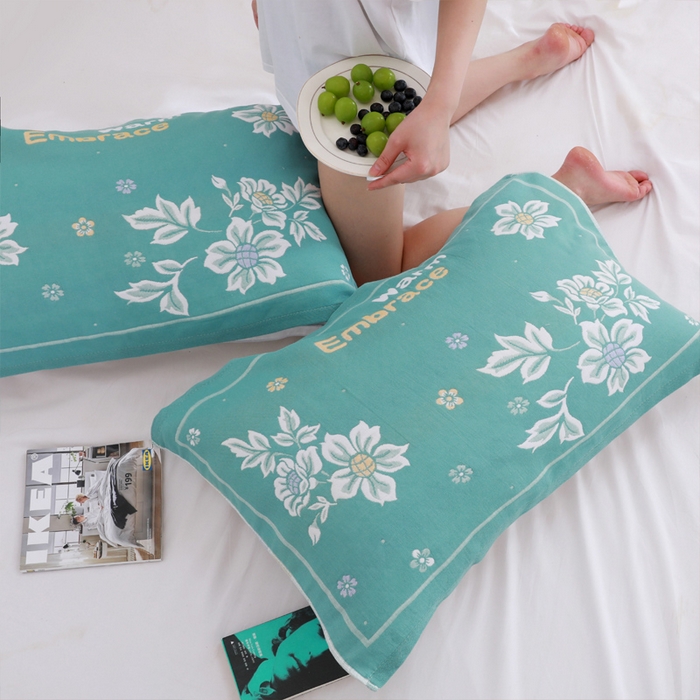 91家纺网 家纺一手货源 找家纺 朴尔家纺-毛巾被 2026新款柔棉花间风系列三层纱布枕巾 花间绿