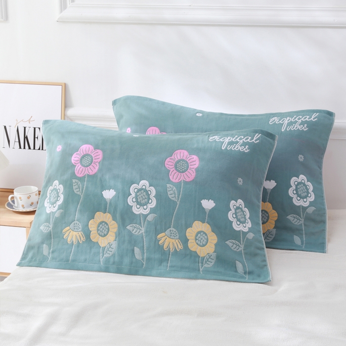 朴尔家纺-毛巾被 2026新款柔棉花间风系列三层纱布枕巾 向日葵绿