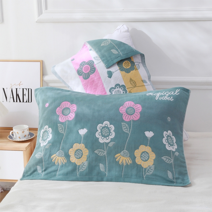 91家纺网 家纺一手货源 找家纺 朴尔家纺-毛巾被 2026新款柔棉花间风系列三层纱布枕巾 向日葵绿