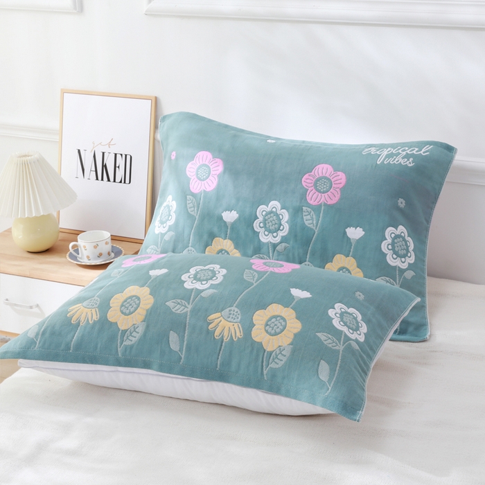 91家纺网 家纺一手货源 找家纺 朴尔家纺-毛巾被 2026新款柔棉花间风系列三层纱布枕巾 向日葵绿