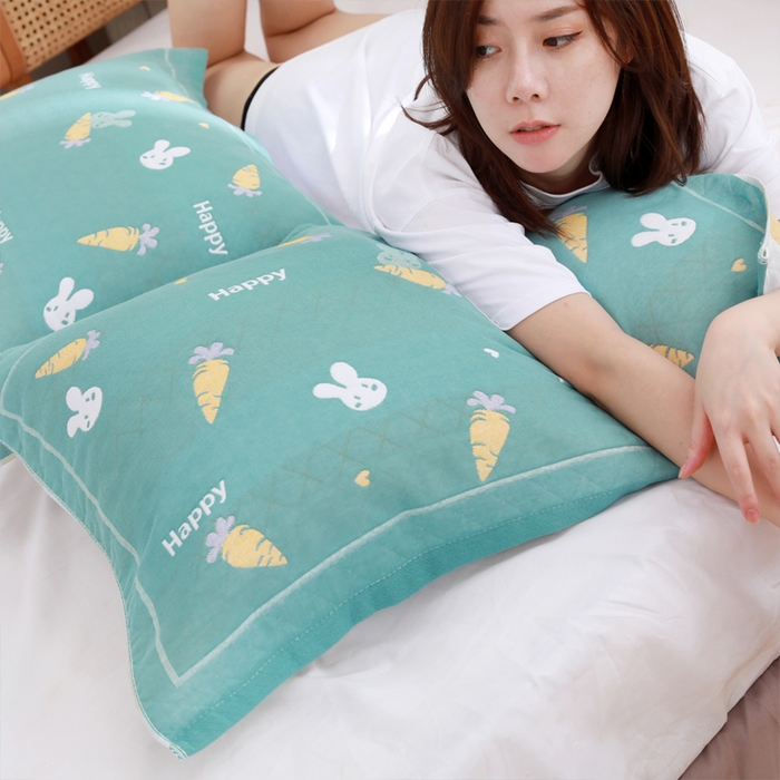 91家纺网 家纺一手货源 找家纺 朴尔家纺-毛巾被 2026新款柔棉花间风系列三层纱布枕巾 悠闲小兔绿