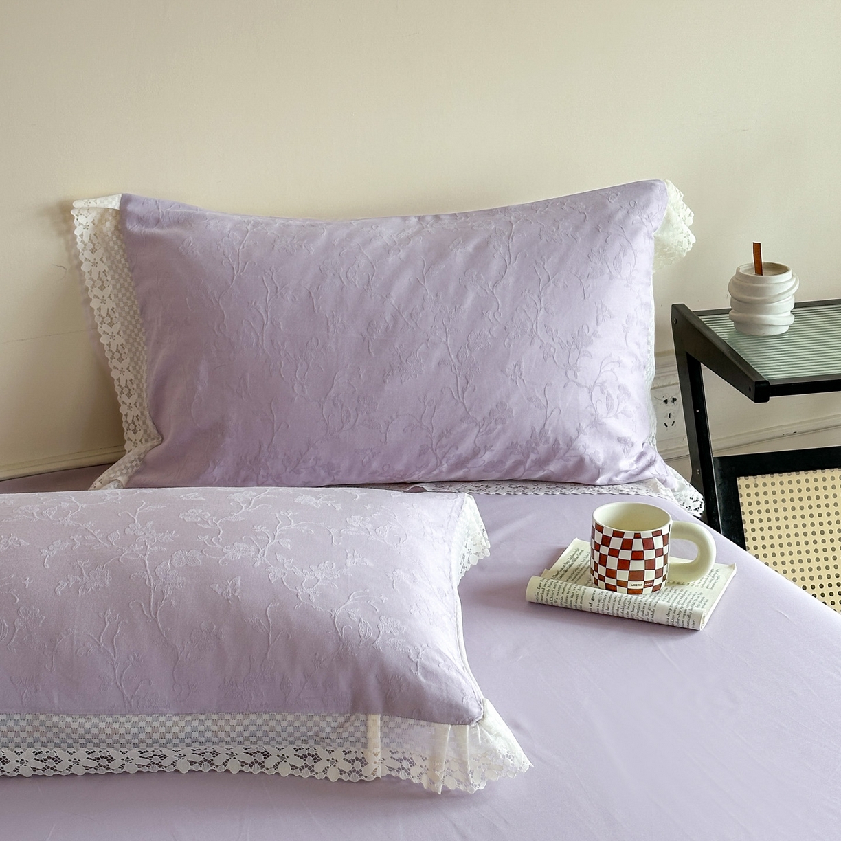 91家纺网 家纺一手货源 找家纺 格里芬家纺 2026新款花边款60S全棉水洗立体浮雕提花四件套 露柯-丁香紫