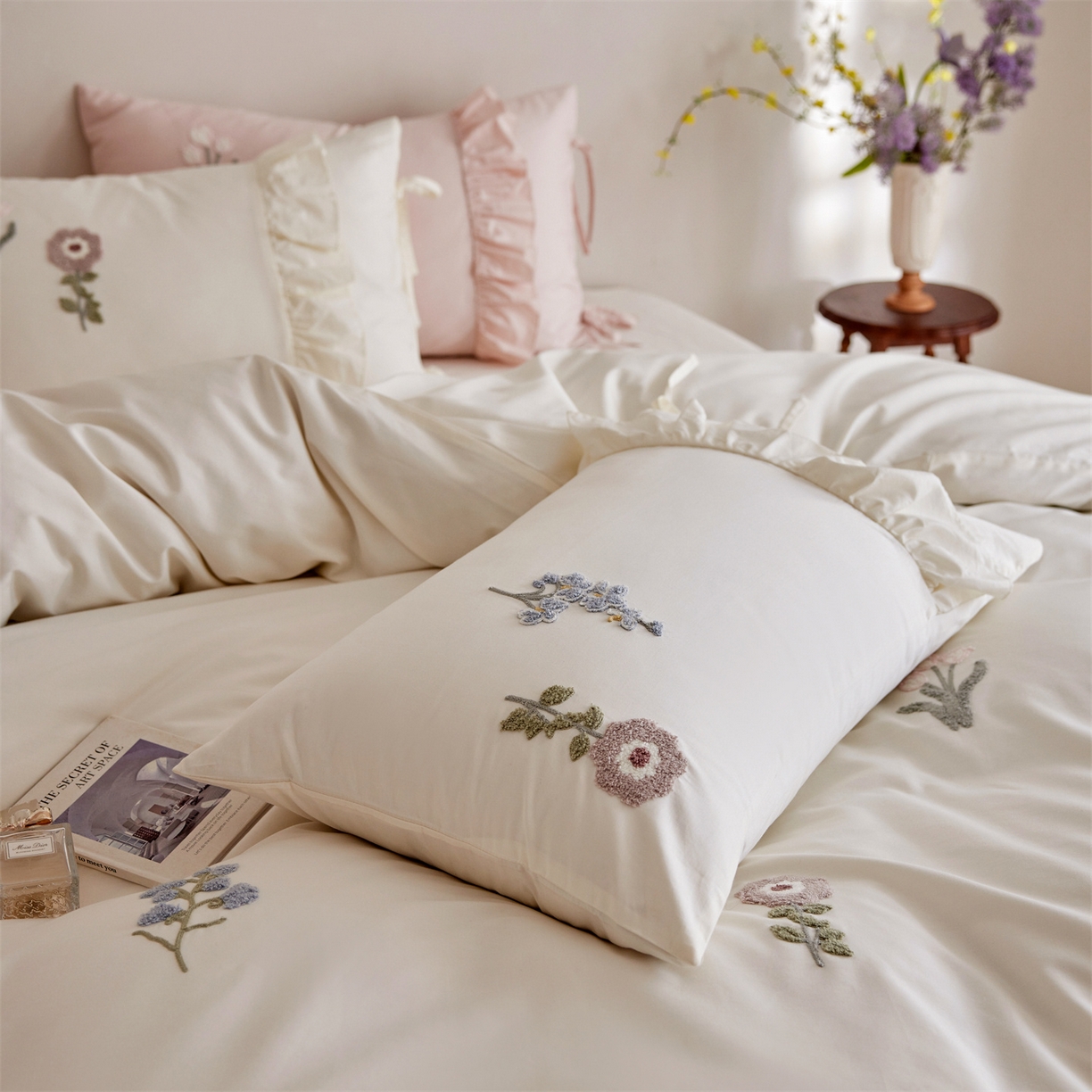 91家纺网 家纺一手货源 找家纺 初拾 2026新款全棉“小清新”毛巾绣四件套—白山茶 （会员减20 控价： 日常券后不低于368元） 白山茶-雪花白