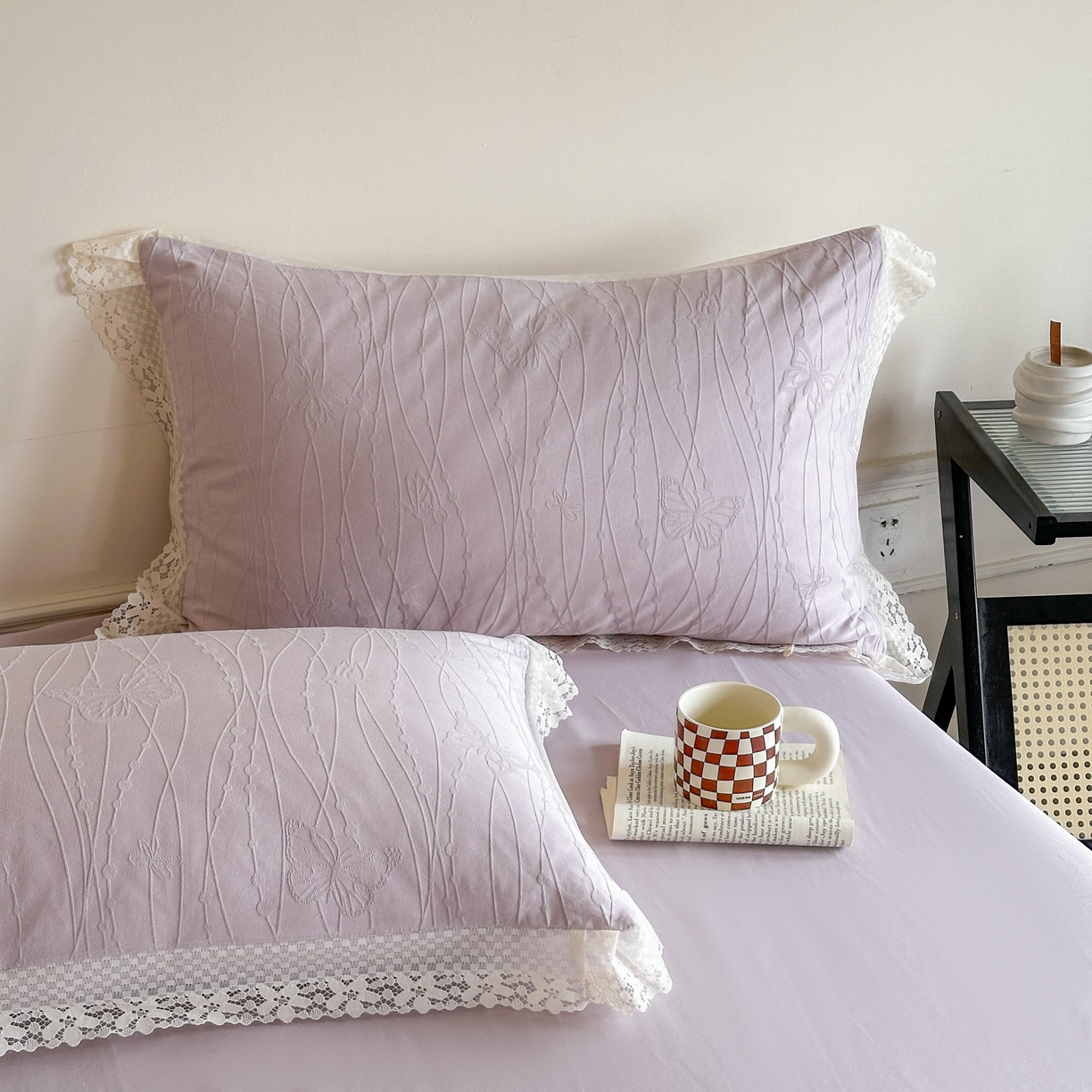 91家纺网 家纺一手货源 找家纺 格里芬家纺 2026新款花边款60S全棉水洗立体浮雕提花四件套 蝶舞-淡雅紫