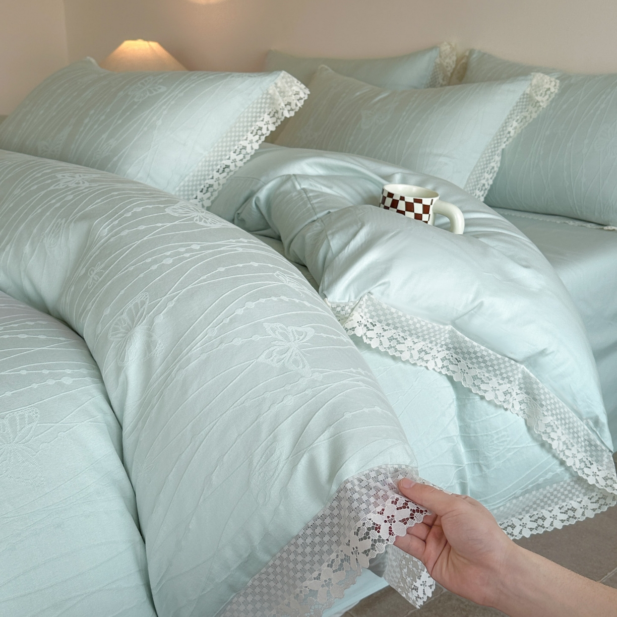 格里芬家纺 2026新款花边款60S全棉水洗立体浮雕提花四件套 蝶舞-湖水绿