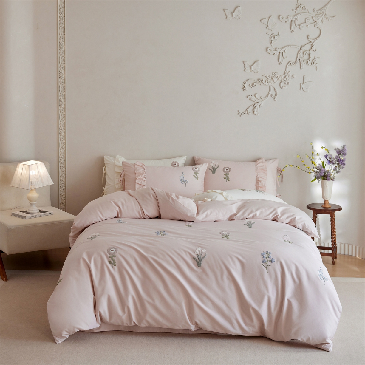 91家纺网 家纺一手货源 找家纺 （总）初拾 2026新款全棉“小清新”毛巾绣四件套—白山茶 （会员减20 控价： 日常券后不低于368元）