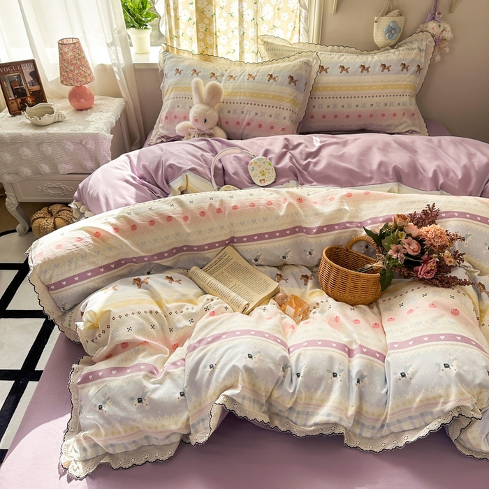 91家纺网 家纺一手货源 找家纺 富米莱（原臻工厂） 2026新款A类仿棉古法水洗棉法式全棉花边四件套彩虹小马