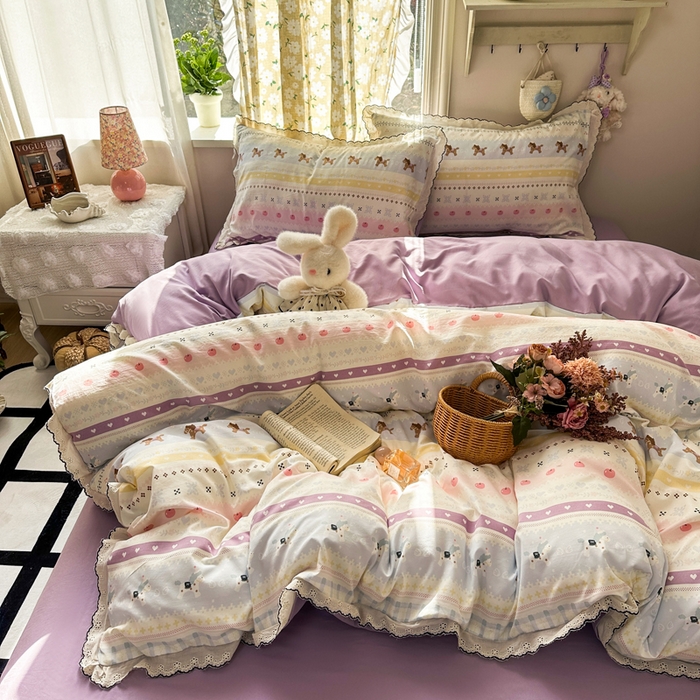 91家纺网 家纺一手货源 找家纺 富米莱（原臻工厂） 2026新款A类仿棉古法水洗棉法式全棉花边四件套彩虹小马