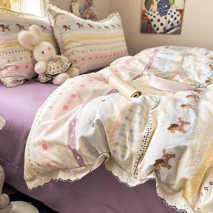 91家纺网 家纺一手货源 找家纺 富米莱（原臻工厂） 2026新款A类仿棉古法水洗棉法式全棉花边四件套彩虹小马