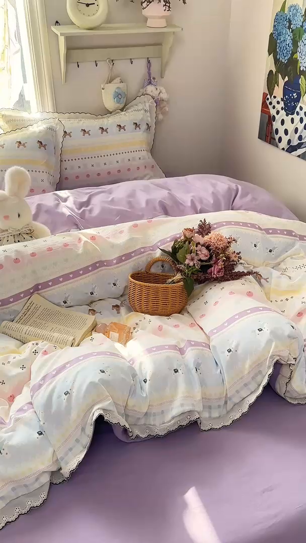 91家纺网 家纺一手货源 找家纺 富米莱（原臻工厂） 2026新款A类仿棉古法水洗棉法式全棉花边四件套彩虹小马