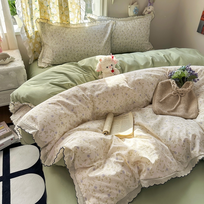 91家纺网 家纺一手货源 找家纺 富米莱（原臻工厂） 2026新款A类仿棉古法水洗棉法式全棉花边四件套春日絮语