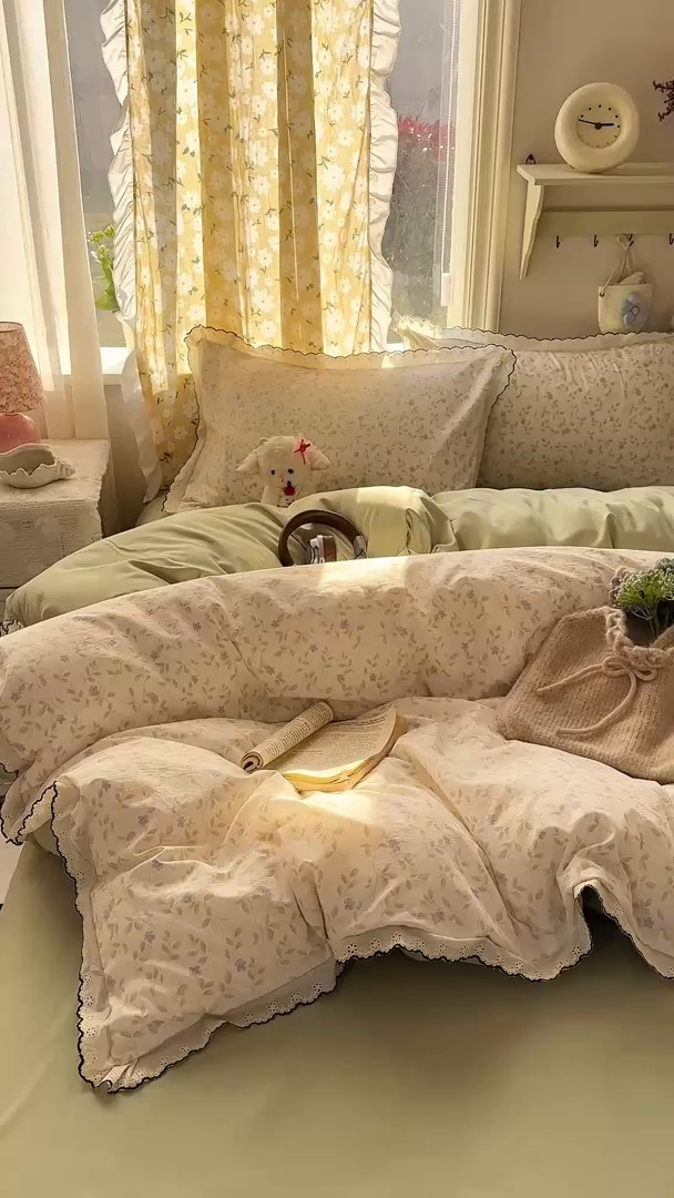 91家纺网 家纺一手货源 找家纺 富米莱（原臻工厂） 2026新款A类仿棉古法水洗棉法式全棉花边四件套春日絮语