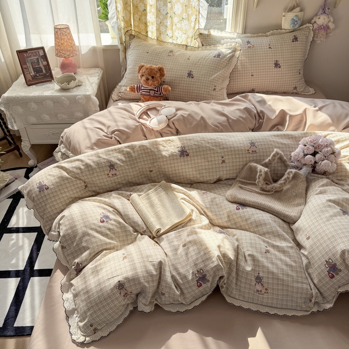 91家纺网 家纺一手货源 找家纺 富米莱（原臻工厂） 2026新款A类仿棉古法水洗棉法式全棉花边四件套格纹小象